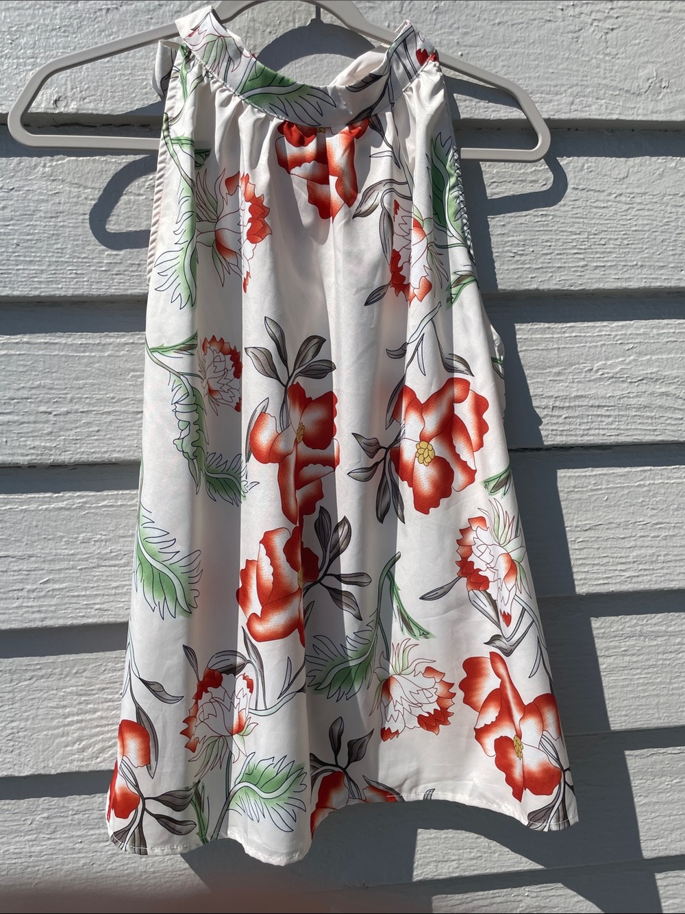 White Floral A-Line Top with Red Blooms - Size Large